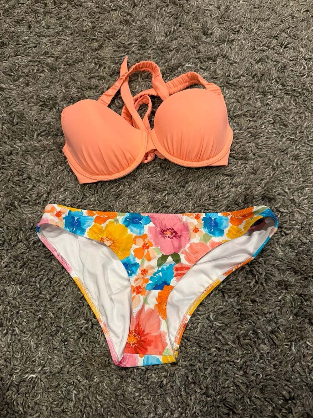 Shade & Shore Coral Push Up Bikini Top 32B and Floral Bottoms Small Set